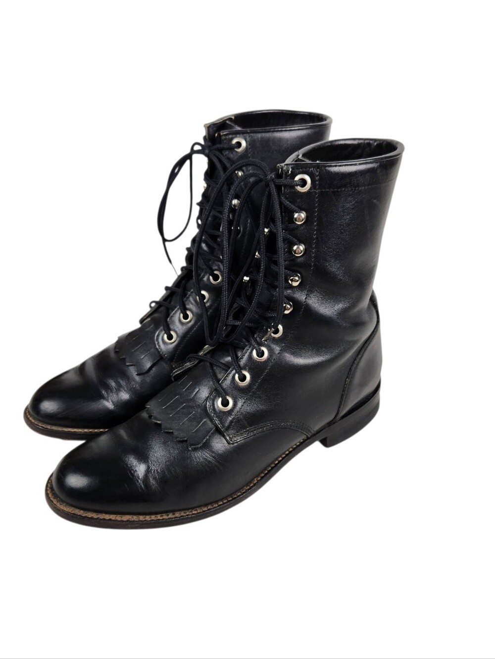 Justin Vintage Black Leather Kilte Lace Up Roper Western Boots Womens Size 6.5 B